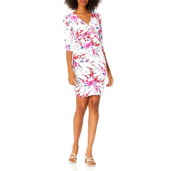 Guess ​Floral Ruched Sheath V-Neck Mini Dress - Picture 1 of 5